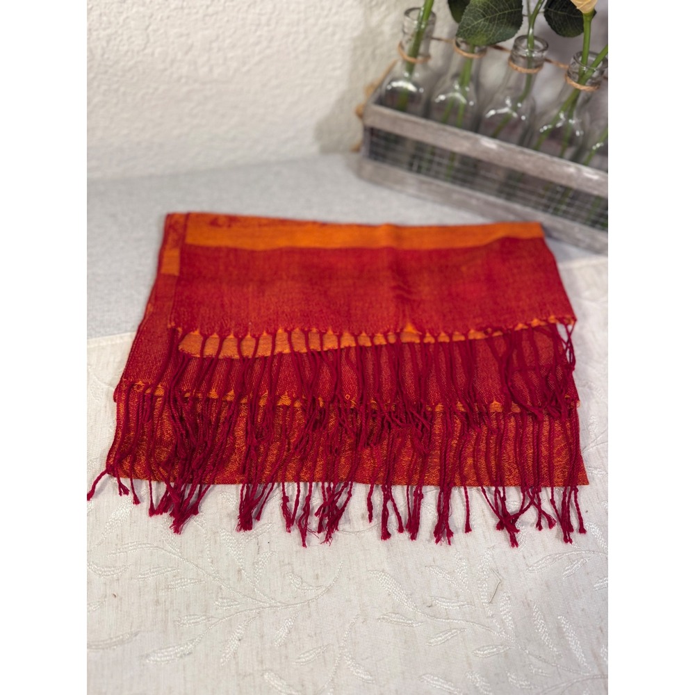 Pashmina Cashmere Silk Paisley Scarf Shawl Wrap Orange Red Made in Italy 27x74 - Picture 6 of 10